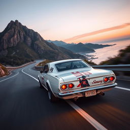 A thrilling scene featuring a 1971 Nissan Skyline GTR racing at high speed in a vibrant white color on a serpentine track positioned at the foot of a grand mountain