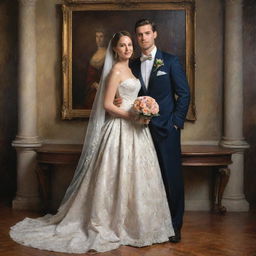 A newlywed couple elegantly dressed, posing in a romantic setting, highlighted with the textural depth, rich color palette, and skilled brushwork characteristic of a classical oil painting.