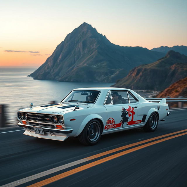 A thrilling scene featuring a 1971 Nissan Skyline GTR racing at high speed in a vibrant white color on a serpentine track positioned at the foot of a grand mountain