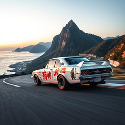 A thrilling scene featuring a 1971 Nissan Skyline GTR racing at high speed in a vibrant white color on a serpentine track positioned at the foot of a grand mountain