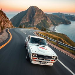 A thrilling scene featuring a 1971 Nissan Skyline GTR racing at high speed in a vibrant white color on a serpentine track positioned at the foot of a grand mountain