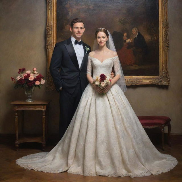 A newlywed couple elegantly dressed, posing in a romantic setting, highlighted with the textural depth, rich color palette, and skilled brushwork characteristic of a classical oil painting.