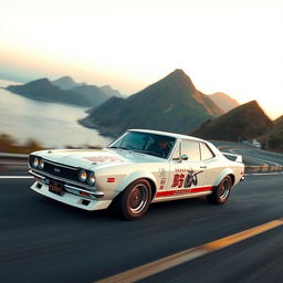 An exhilarating scene of a 1971 Nissan Skyline GTR racing at high speed in a sleek white finish on a twisting serpentine track at the foot of a majestic mountain during the evening