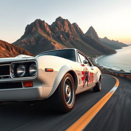 An exhilarating scene of a 1971 Nissan Skyline GTR racing at high speed in a sleek white finish on a twisting serpentine track at the foot of a majestic mountain during the evening