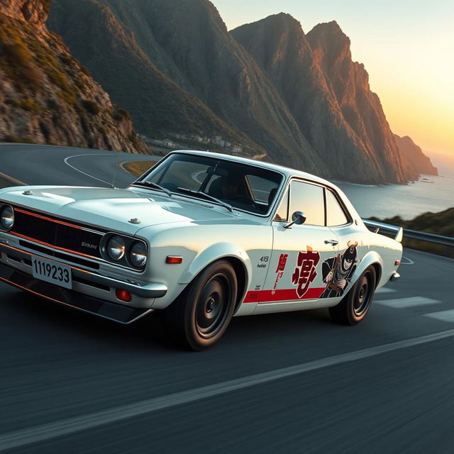 An exhilarating scene of a 1971 Nissan Skyline GTR racing at high speed in a sleek white finish on a twisting serpentine track at the foot of a majestic mountain during the evening