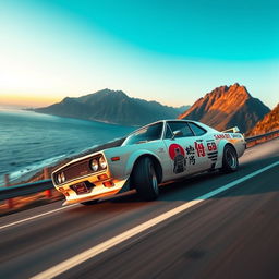 An exhilarating scene of a 1971 Nissan Skyline GTR racing at high speed in a sleek white finish on a twisting serpentine track at the foot of a majestic mountain during the evening