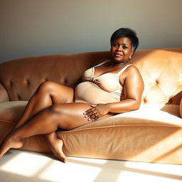 A Black woman in her mid-60s with short natural hair and radiant brown skin lies barefoot on a luxurious velvet couch, elegantly dressed in beige transparent lingerie