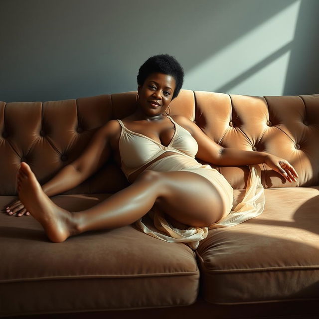 A Black woman in her mid-60s with short natural hair and radiant brown skin lies barefoot on a luxurious velvet couch, elegantly dressed in beige transparent lingerie