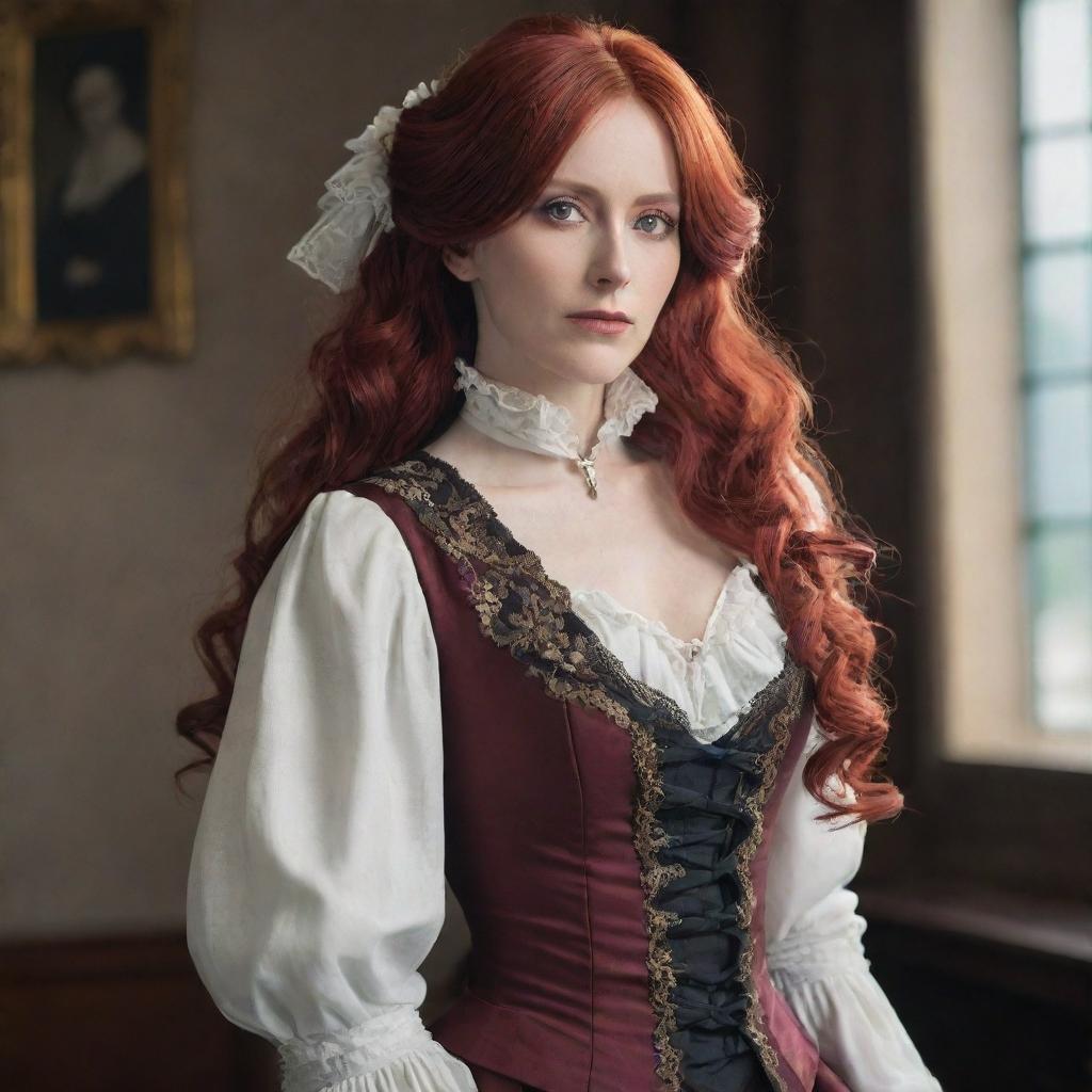 A stunning image portraying a middle-aged, petite lady with vampire-like pale skin, and long, radiant red hair, gracefully draped in Victorian-era influenced clothing from Attack on Titan, reeking of dignity and tenacity.