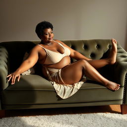 A Black woman in her mid-60s with short natural hair and radiant brown skin lies barefoot on a luxurious velvet couch, elegantly dressed in beige transparent lingerie