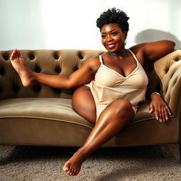 A Black woman in her mid-60s with short natural hair and radiant brown skin lies barefoot on a luxurious velvet couch, elegantly dressed in beige transparent lingerie