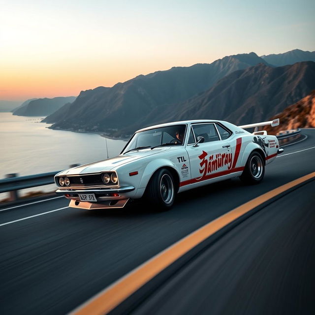 An exhilarating scene showcasing a 1971 Nissan Skyline GTR racing at high speed in a striking white color, captured from a front view perspective