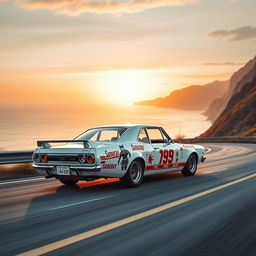An exhilarating scene showcasing a 1971 Nissan Skyline GTR racing at high speed in a striking white color, captured from a front view perspective
