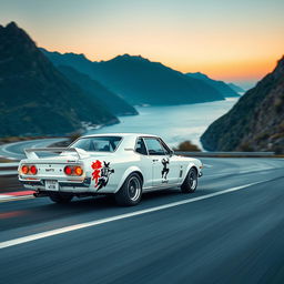 An exhilarating scene showcasing a 1971 Nissan Skyline GTR racing at high speed in a striking white color, captured from a front view perspective