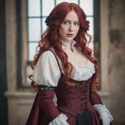 A stunning image portraying a middle-aged, petite lady with vampire-like pale skin, and long, radiant red hair, gracefully draped in Victorian-era influenced clothing from Attack on Titan, reeking of dignity and tenacity.