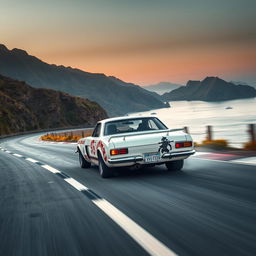 An exhilarating scene showcasing a 1971 Nissan Skyline GTR racing at high speed in a striking white color, captured from a front view perspective