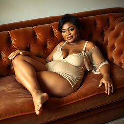 A woman in her mid-60s with short natural hair and radiant brown skin lies barefoot on a sumptuous velvet couch, elegantly dressed in beige transparent lingerie
