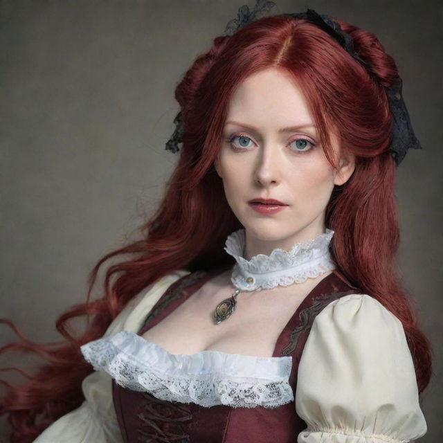 A stunning image portraying a middle-aged, petite lady with vampire-like pale skin, and long, radiant red hair, gracefully draped in Victorian-era influenced clothing from Attack on Titan, reeking of dignity and tenacity.