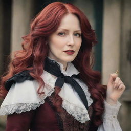 A stunning image portraying a middle-aged, petite lady with vampire-like pale skin, and long, radiant red hair, gracefully draped in Victorian-era influenced clothing from Attack on Titan, reeking of dignity and tenacity.