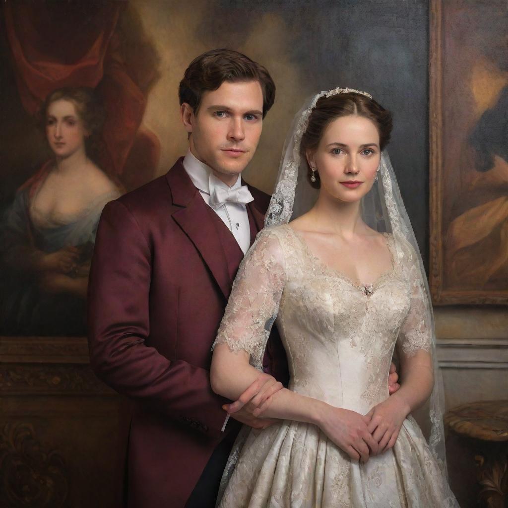 A fresh married couple, beautifully dressed in classical attire, posing intimately against a richly detailed backdrop showcasing the depth of color and light play characteristic of a classical oil painting.