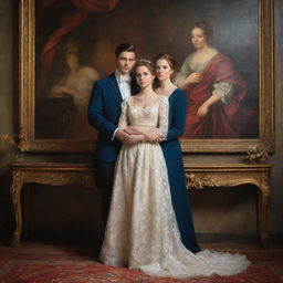 A fresh married couple, beautifully dressed in classical attire, posing intimately against a richly detailed backdrop showcasing the depth of color and light play characteristic of a classical oil painting.