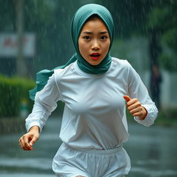 An Indonesian junior high school student depicted in a dynamic scene, running in heavy rain