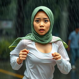 An Indonesian junior high school student depicted in a dynamic scene, running in heavy rain