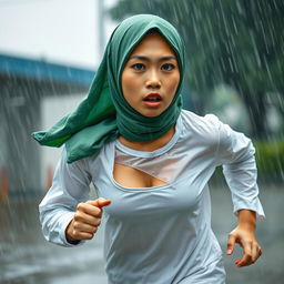 An Indonesian junior high school student depicted in a dynamic scene, running in heavy rain