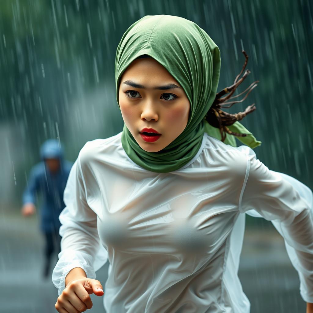 An Indonesian junior high school student depicted in a dynamic scene, running in heavy rain