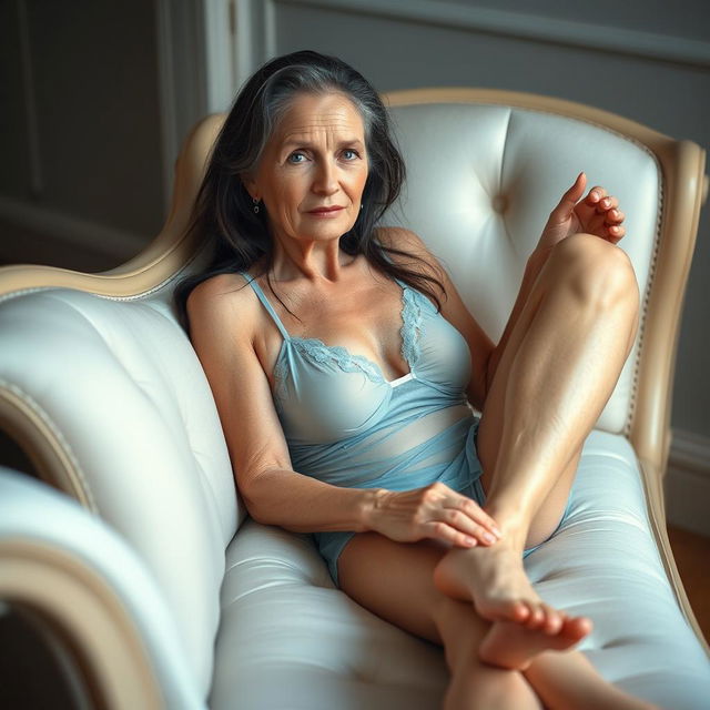 A woman in her mid-60s with visible wrinkles on her face and body, bright blue eyes, long dark hair, and fair skin lounges barefoot on an elegant chaise, dressed in light blue transparent lingerie