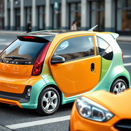A compact car featuring unique plastic panels on the doors and a family-style body kit with slightly sporty accents