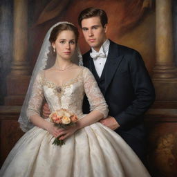 A fresh married couple, beautifully dressed in classical attire, posing intimately against a richly detailed backdrop showcasing the depth of color and light play characteristic of a classical oil painting.