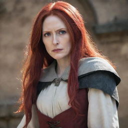 A captivating image of a middle-aged, short-statured lady with vampire-like pale skin and long, vibrant red hair, in the medieval influenced attire from Attack on Titan. Her calm, strong gaze radiates courage and fortitude.