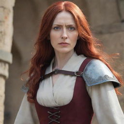 A captivating image of a middle-aged, short-statured lady with vampire-like pale skin and long, vibrant red hair, in the medieval influenced attire from Attack on Titan. Her calm, strong gaze radiates courage and fortitude.