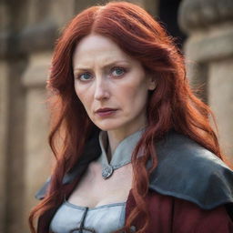 A captivating image of a middle-aged, short-statured lady with vampire-like pale skin and long, vibrant red hair, in the medieval influenced attire from Attack on Titan. Her calm, strong gaze radiates courage and fortitude.