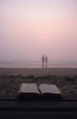 A serene, atmospheric scene reflecting lost love: a misty fog enveloping a desolate beach at sunset