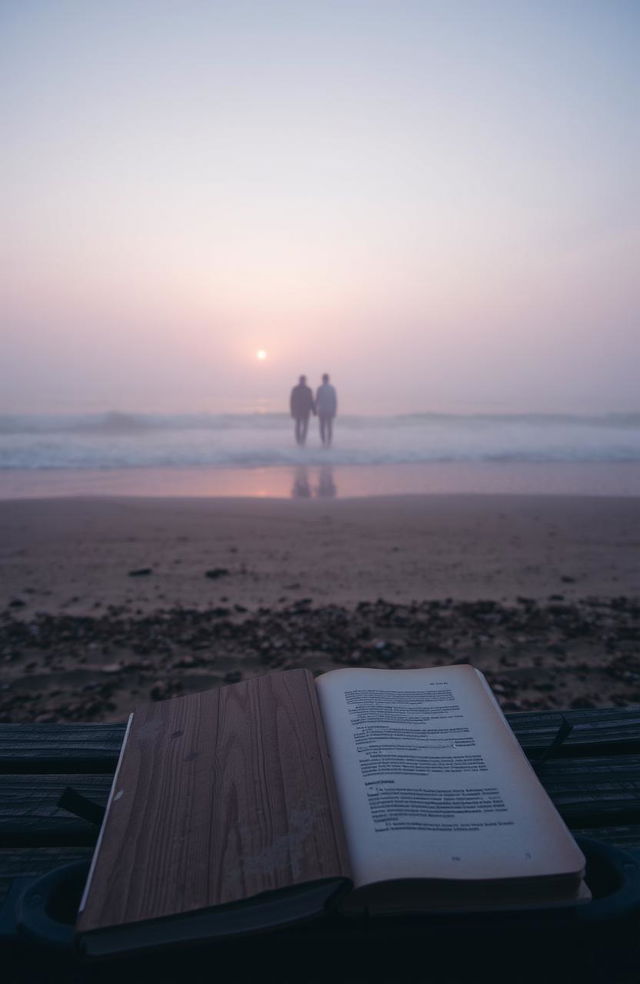 A serene, atmospheric scene reflecting lost love: a misty fog enveloping a desolate beach at sunset