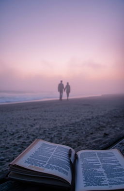 A serene, atmospheric scene reflecting lost love: a misty fog enveloping a desolate beach at sunset