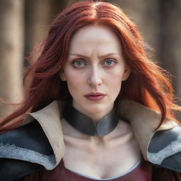 A captivating image of a middle-aged, short-statured lady with vampire-like pale skin and long, vibrant red hair, in the medieval influenced attire from Attack on Titan. Her calm, strong gaze radiates courage and fortitude.