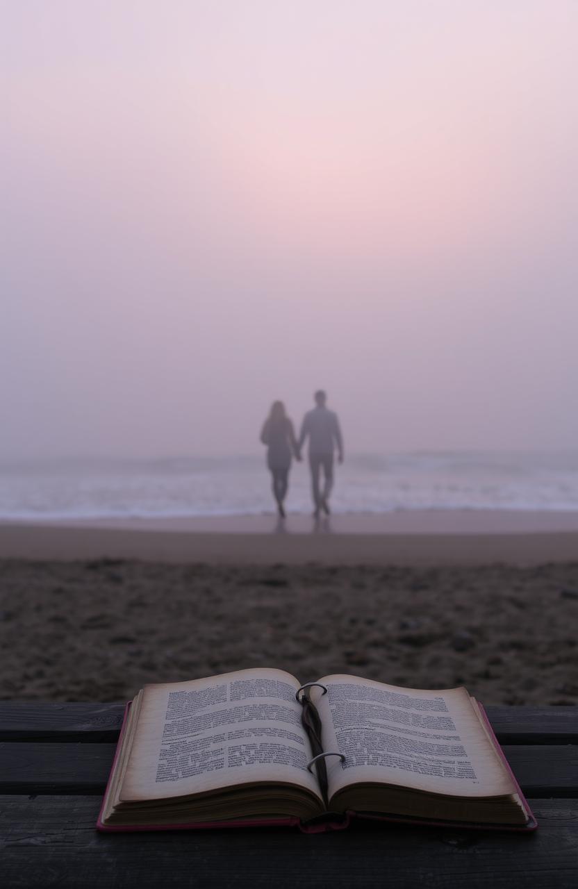 A serene, atmospheric scene reflecting lost love: a misty fog enveloping a desolate beach at sunset