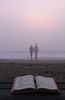 A serene, atmospheric scene reflecting lost love: a misty fog enveloping a desolate beach at sunset