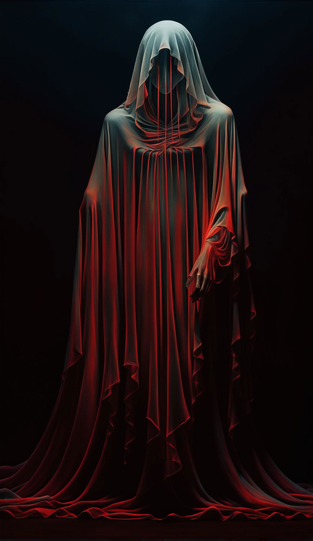 3D gothic realism portrait of an ethereal lost soul ghost with a phantasmal red iridescent cape under a magical spotlight and blacklight.