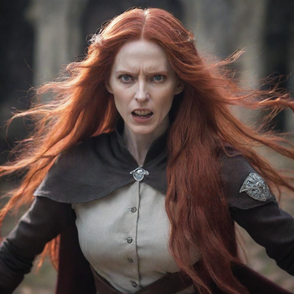 A striking image of a middle-aged, petite lady, with vampire-like pale skin and flowing long red hair. She's garbed in medieval version of Attack on Titan attire, radiating an aura of valor and defiance.