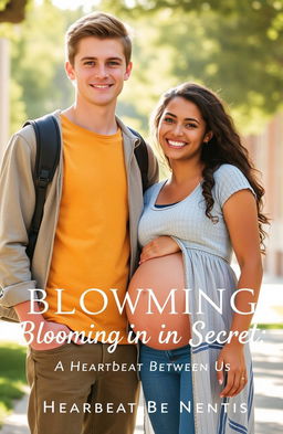 A tall, handsome young college boy standing next to a cheerful young college girl who is visibly pregnant
