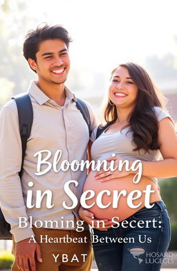 A tall, handsome young college boy standing next to a cheerful young college girl who is visibly pregnant