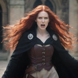 A striking image of a middle-aged, petite lady, with vampire-like pale skin and flowing long red hair. She's garbed in medieval version of Attack on Titan attire, radiating an aura of valor and defiance.