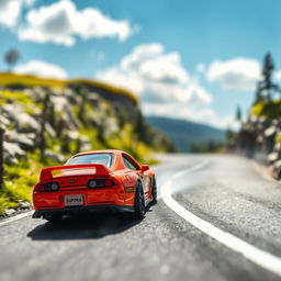 A vibrant scene featuring a toy Toyota Supra MK4, realistically detailed, drifting on a narrow, winding road