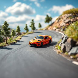 A vibrant scene featuring a toy Toyota Supra MK4, realistically detailed, drifting on a narrow, winding road