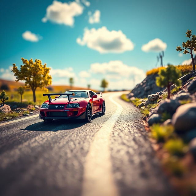 A vibrant scene featuring a toy Toyota Supra MK4, realistically detailed, drifting on a narrow, winding road