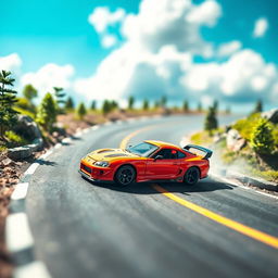 A vibrant scene featuring a toy Toyota Supra MK4, realistically detailed, drifting on a narrow, winding road